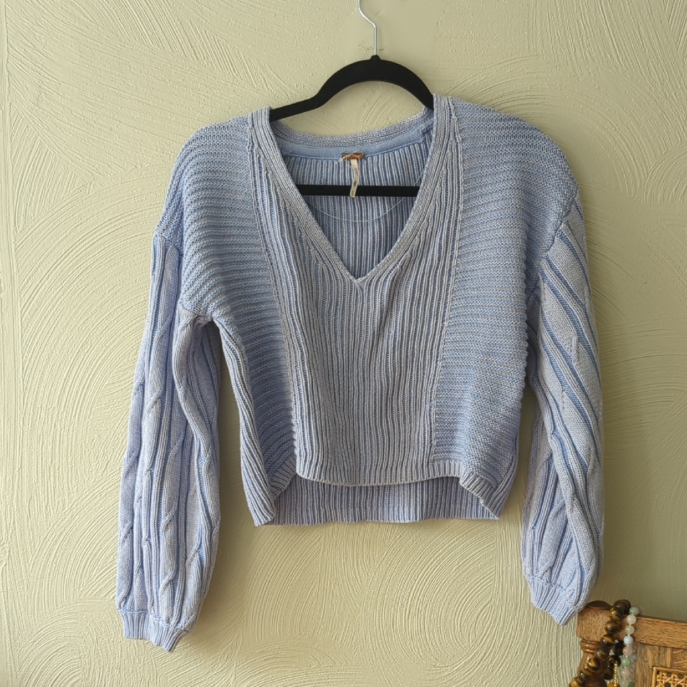 Free People Blue V-Neck Sweater with Balloon Sleeves